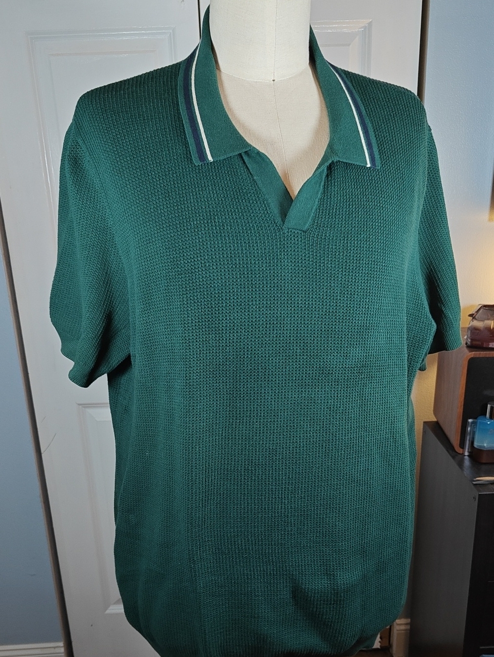 The Commons Men Dark Green Stripe Collar Open Johnny Collar Knit Polo XXL
